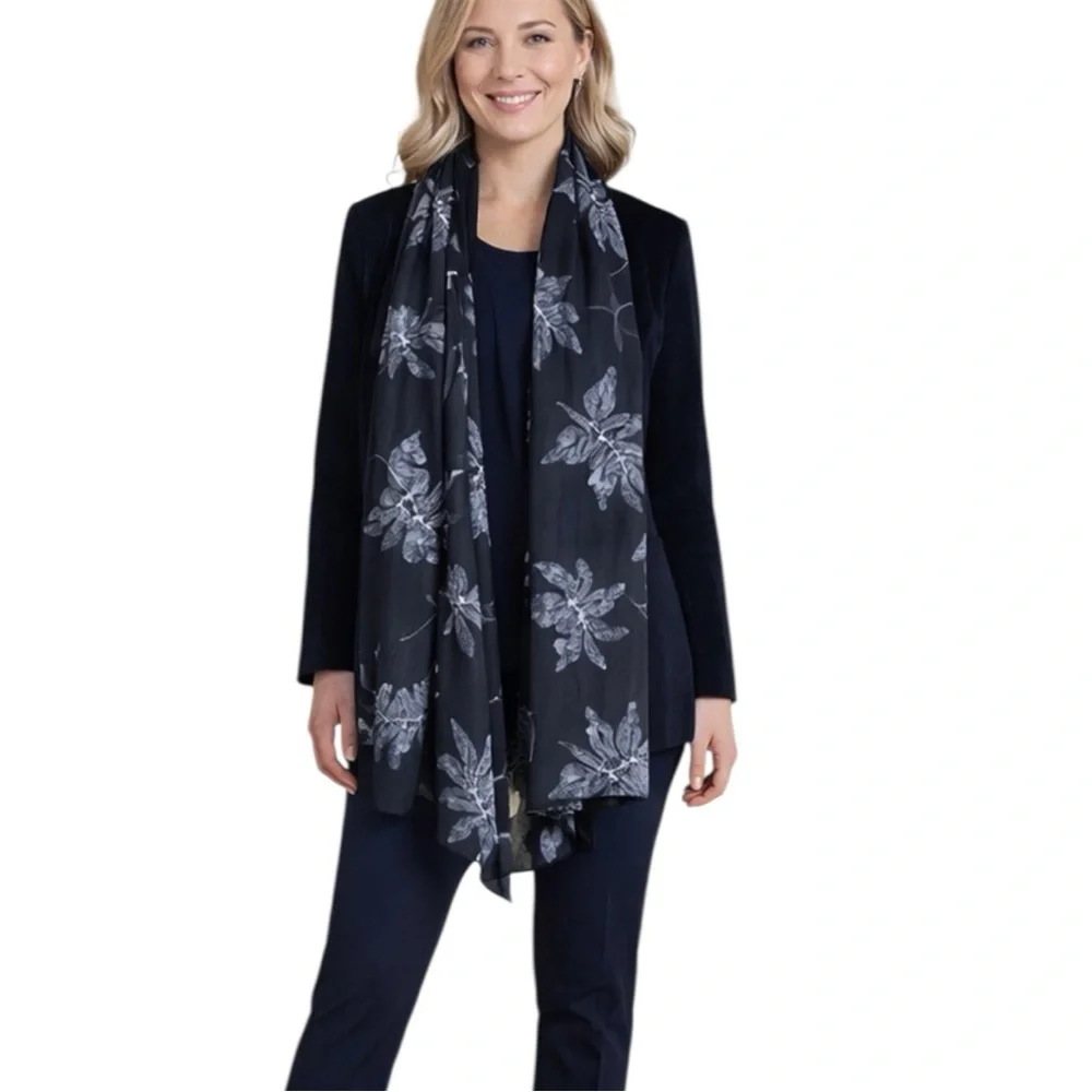 NEW Black & Ivory Leaf Print Scarf | Versatile | Lightweight Year Round
